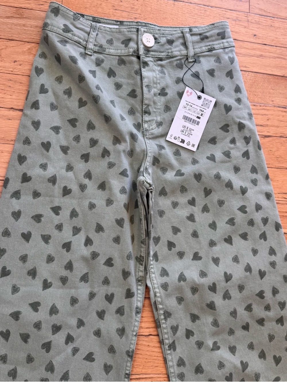 Zara Olive Green heart wide leg flare Jeans NWT 13-14